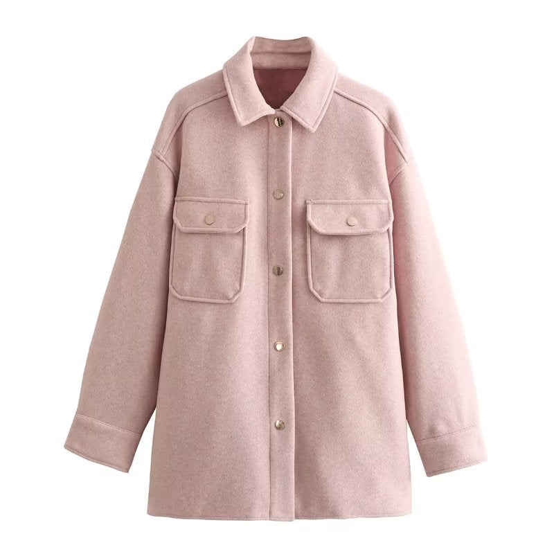 Autumn Two Color Pocket Decorative Coat Single Breasted Mid Length Top