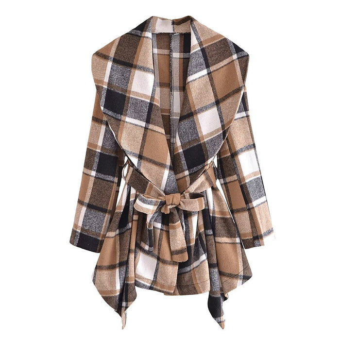 Autumn Winter Long Sleeve V neck Buttons Plaid Printed Coat for Women