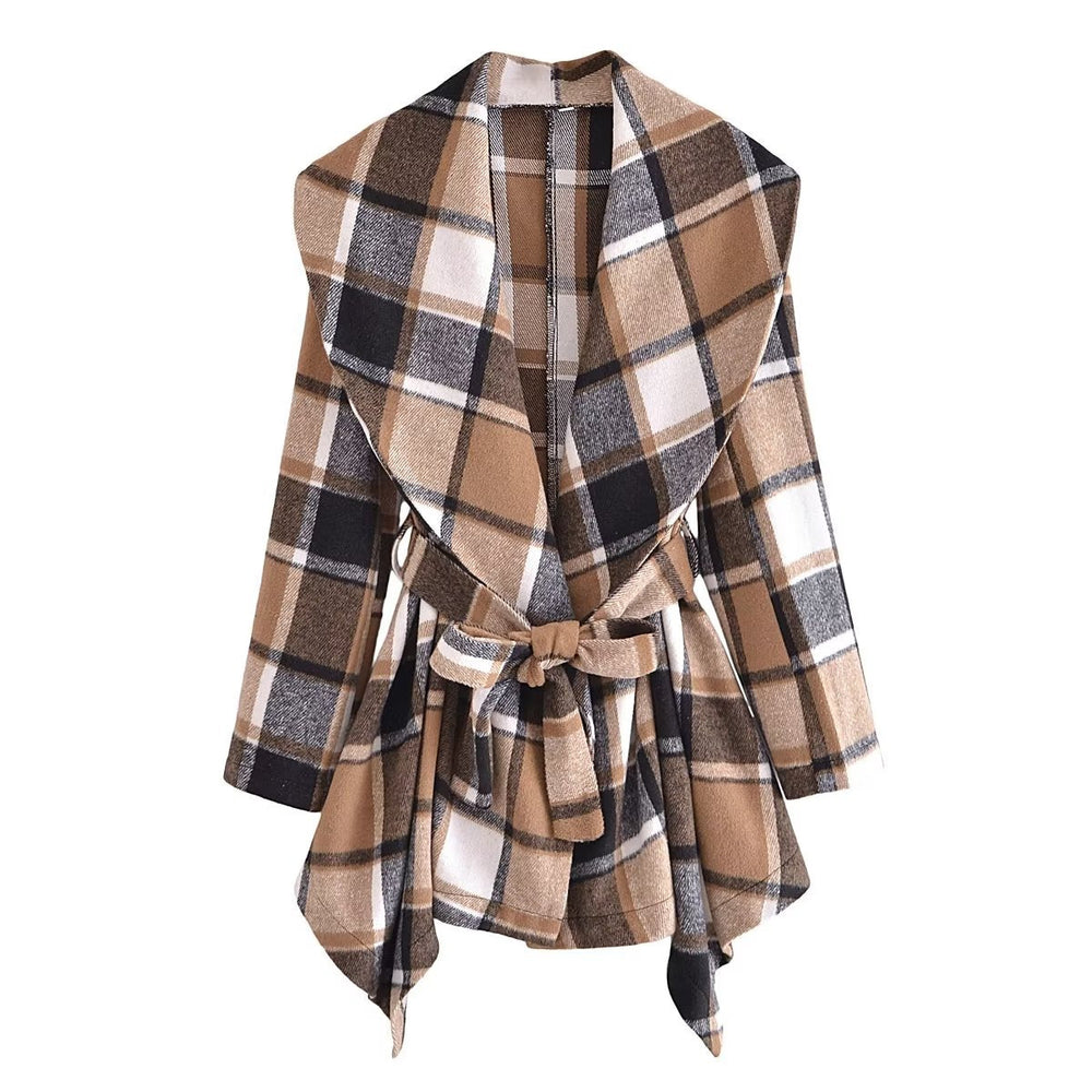 Autumn Winter Long Sleeve V neck Buttons Plaid Printed Coat for Women