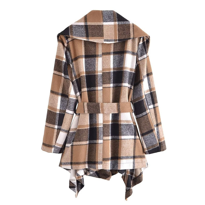 Autumn Winter Long Sleeve V neck Buttons Plaid Printed Coat for Women