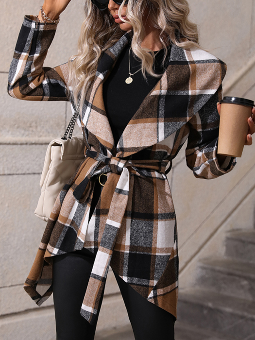 Autumn Winter Long Sleeve V neck Buttons Plaid Printed Coat for Women