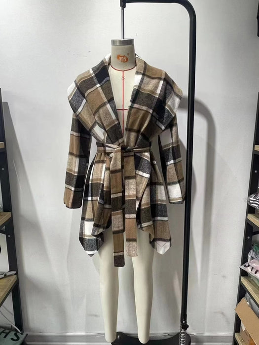 Autumn Winter Long Sleeve V neck Buttons Plaid Printed Coat for Women