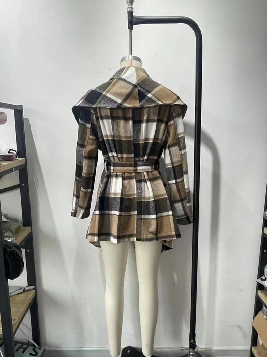 Autumn Winter Long Sleeve V neck Buttons Plaid Printed Coat for Women