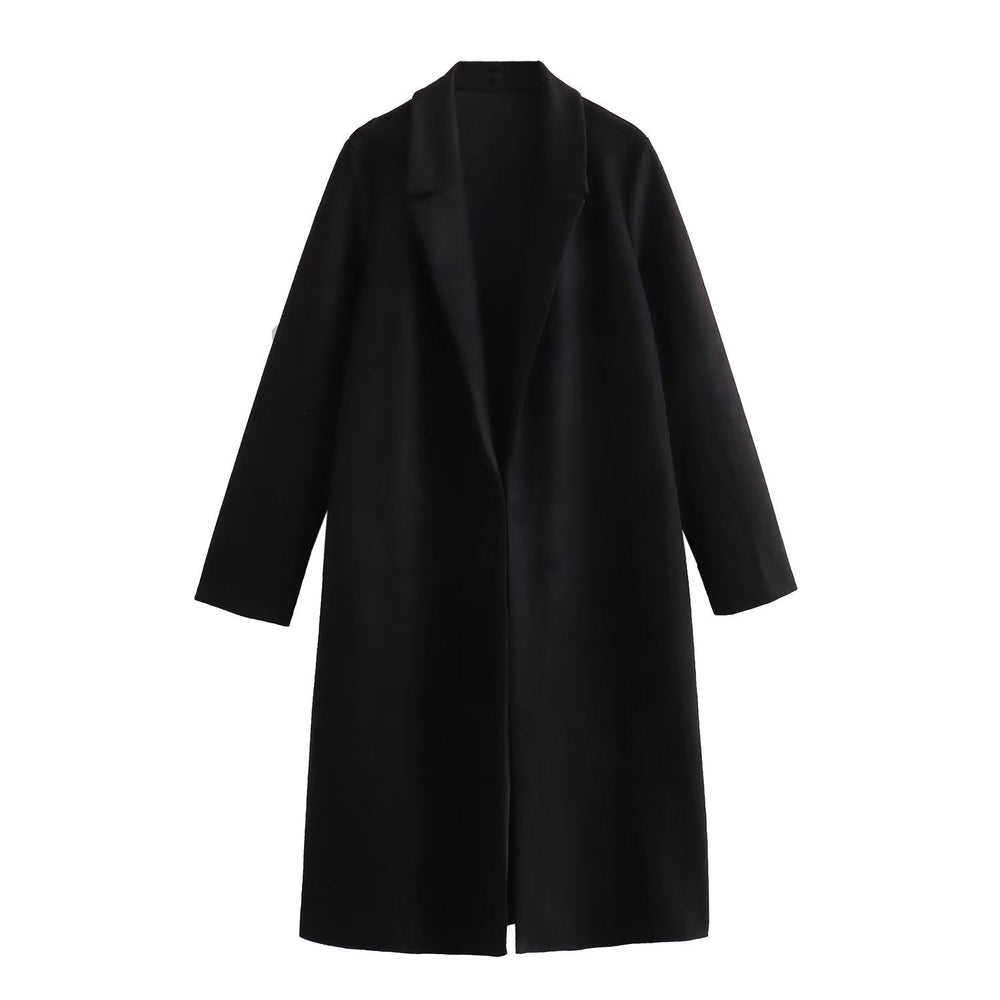 Women Clothing Autumn Suede Texture Effect Mid Length Solid Color Overcoat Coat