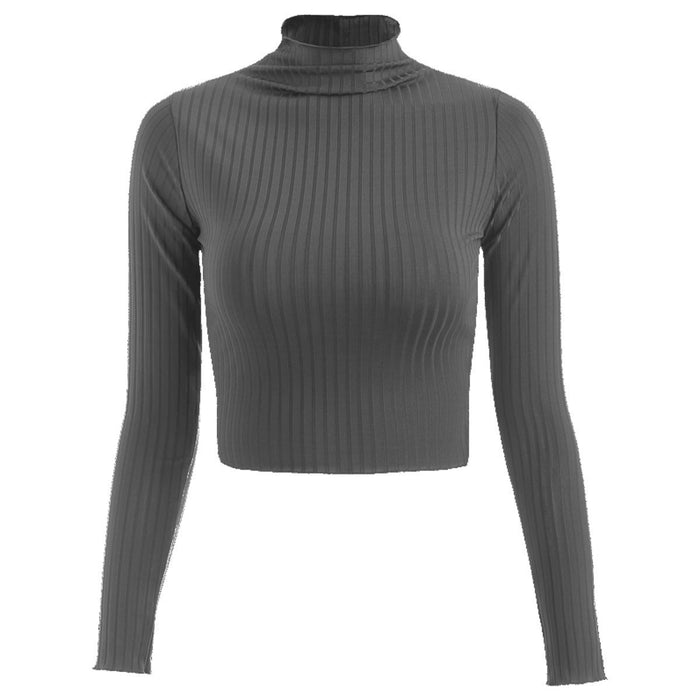 Autumn Winter Half-High Collar Solid Color Long-Sleeved Knitted T-  Slim-Fit Women Cropped Top Sweater