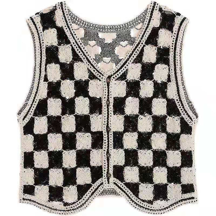 Autumn Fashionable Cardigan Chessboard Plaid V neck Knitted Thin Vest Vest Coat Women