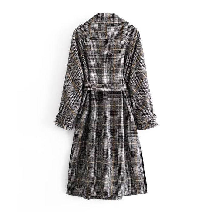 Fall Women Clothing Waist Controlled Collared Plaid Coat Overcoat