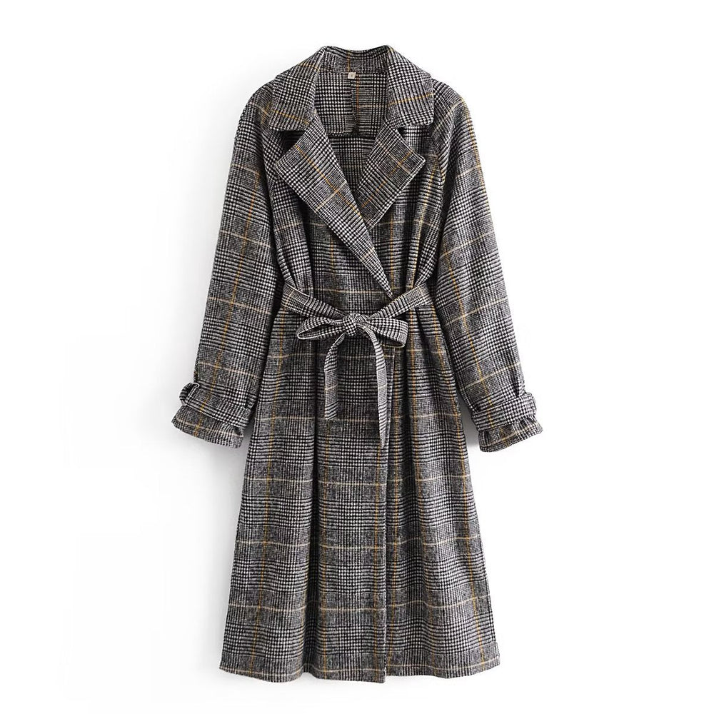 Fall Women Clothing Waist Controlled Collared Plaid Coat Overcoat