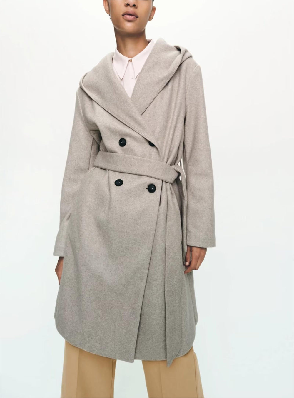 Women Clothing  Belt Hooded Casual Long Sleeve Overcoat Jacket