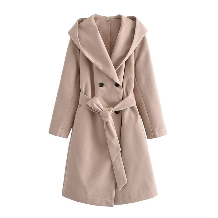 Women Clothing  Belt Hooded Casual Long Sleeve Overcoat Jacket