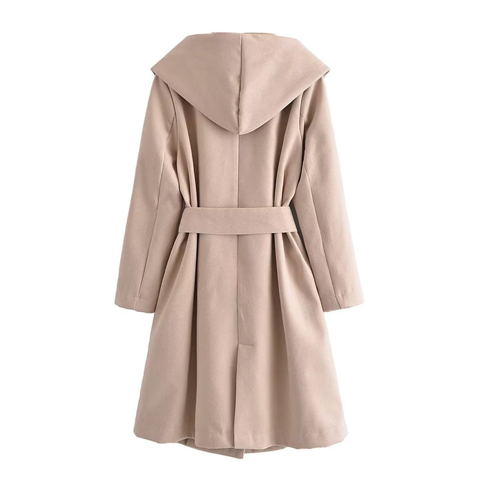 Women Clothing Belt Hooded Casual Long Sleeve Overcoat Jacket