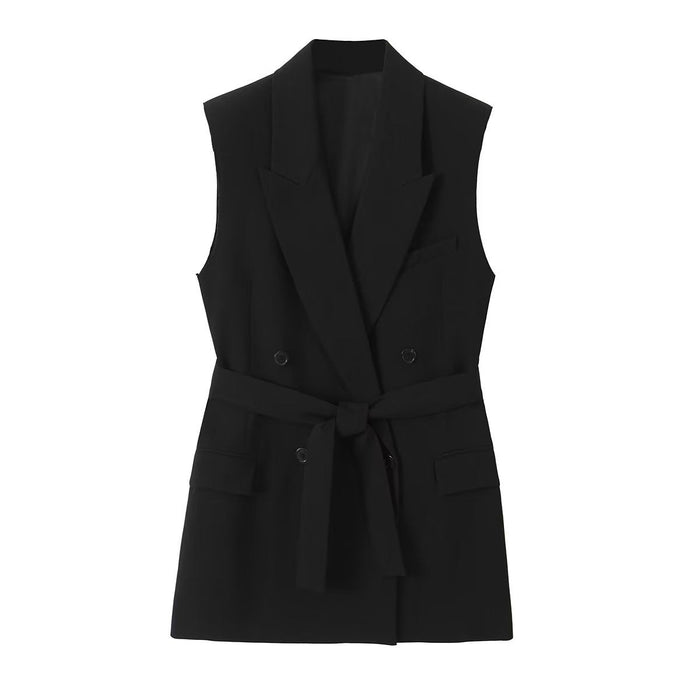 Summer Women Clothing Tuxedo Collar Belt Vest High Waist Casual