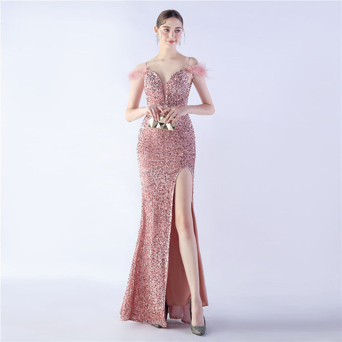 Craft Order Ostrich Feather High Density Sequined Long Evening Dress