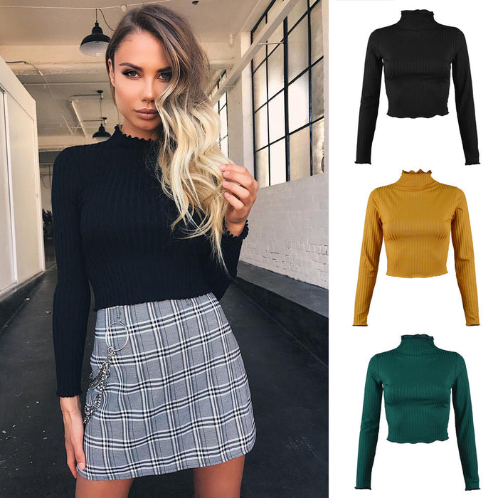 Autumn Winter Half-High Collar Solid Color Long-Sleeved Knitted T-  Slim-Fit Women Cropped Top Sweater