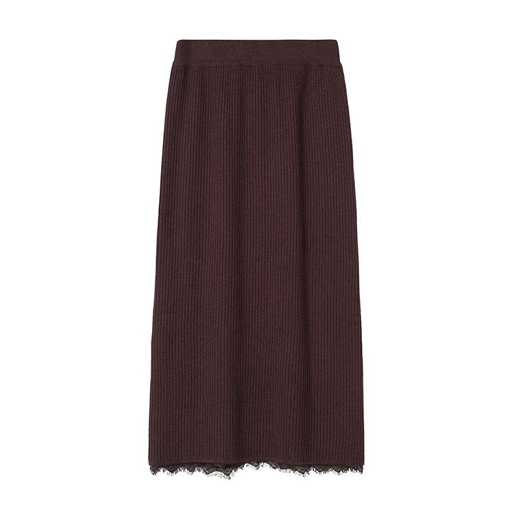 Knitted Lace Package Hip Skirt Back Slit One Step Skirt High Waist Slimming Skirt Casual Women Autumn Winter Tide