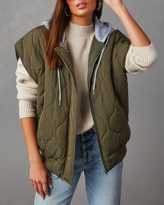 Ladies Autumn Winter Vest Quilted Cotton Solid Color Loose Thick Hooded Zipper Storage Cotton Jacket