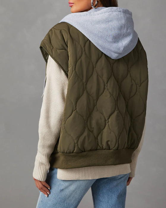 Ladies Autumn Winter Vest Quilted Cotton Solid Color Loose Thick Hooded Zipper Storage Cotton Jacket