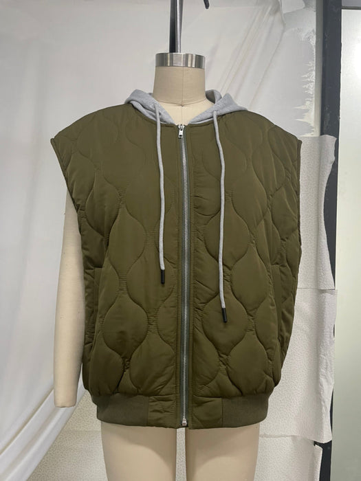 Ladies Autumn Winter Vest Quilted Cotton Solid Color Loose Thick Hooded Zipper Storage Cotton Jacket