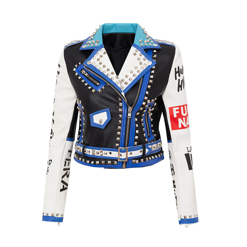 Faux Leather Women Leather Top Graffiti Printing Coat Rivet Contrast Color Motorcycle Jacket Leather Coat Women Custom
