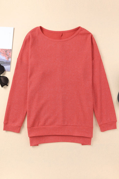 Knitted Pullover Women Autumn Mid Length Long Sleeve Side Slit Waffle T shirt Women