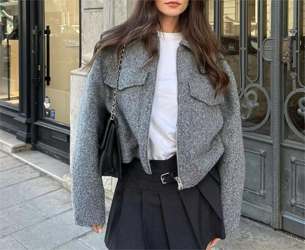 Women Autumn Winter Polo Collar Pocket Casual Zipper Soft Tweed Jacket Coat