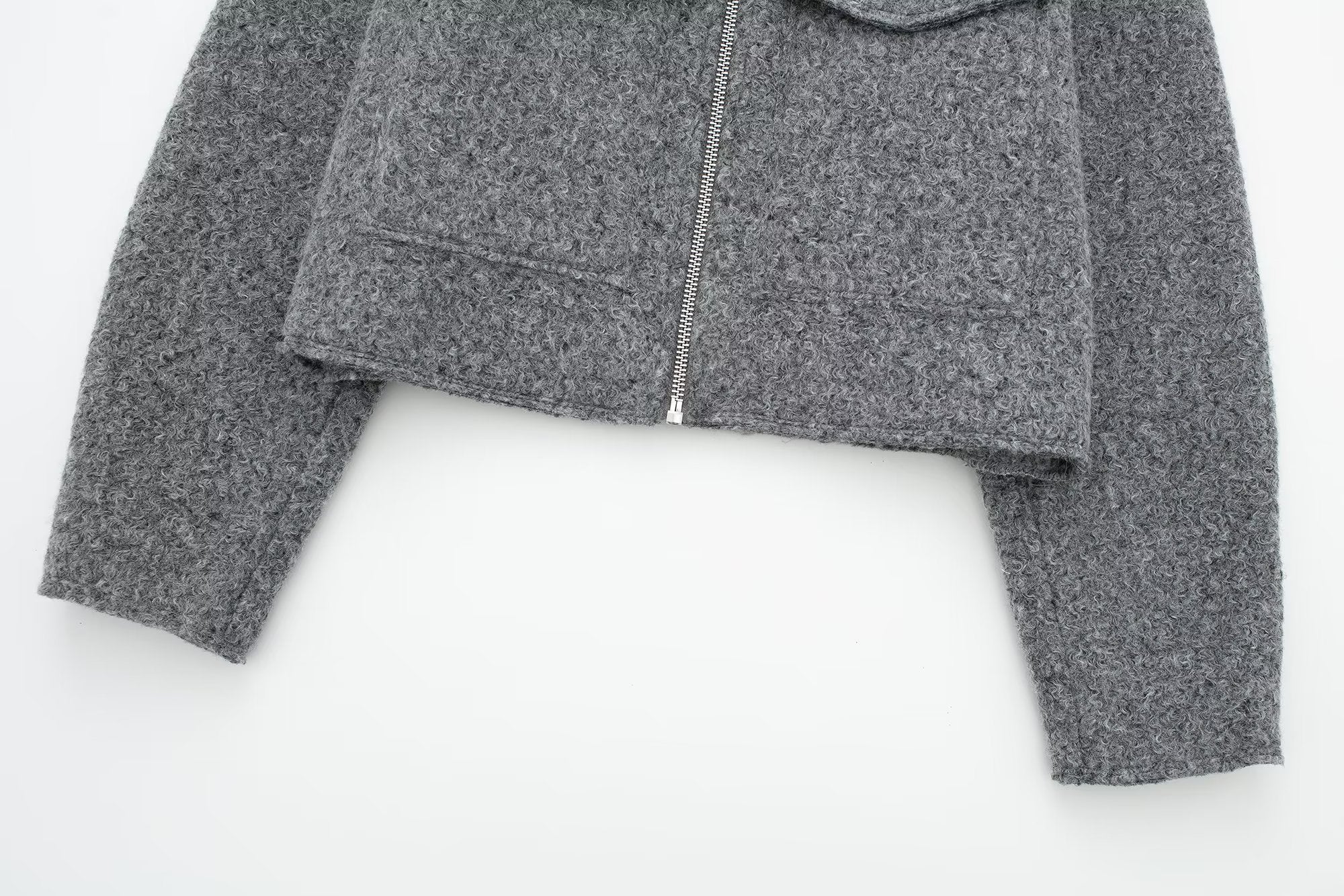 Women Autumn Winter Polo Collar Pocket Casual Zipper Soft Tweed Jacket Coat