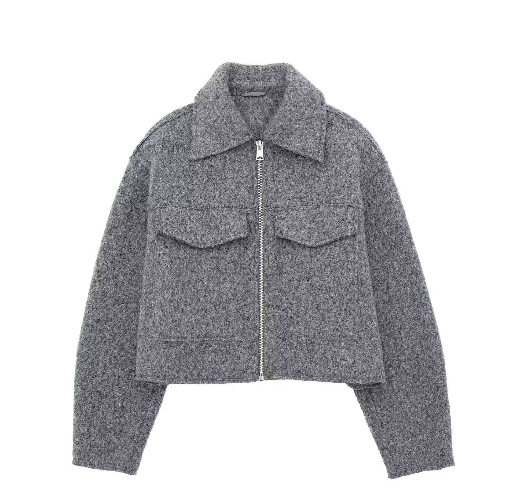 Women Autumn Winter Polo Collar Pocket Casual Zipper Soft Tweed Jacket Coat