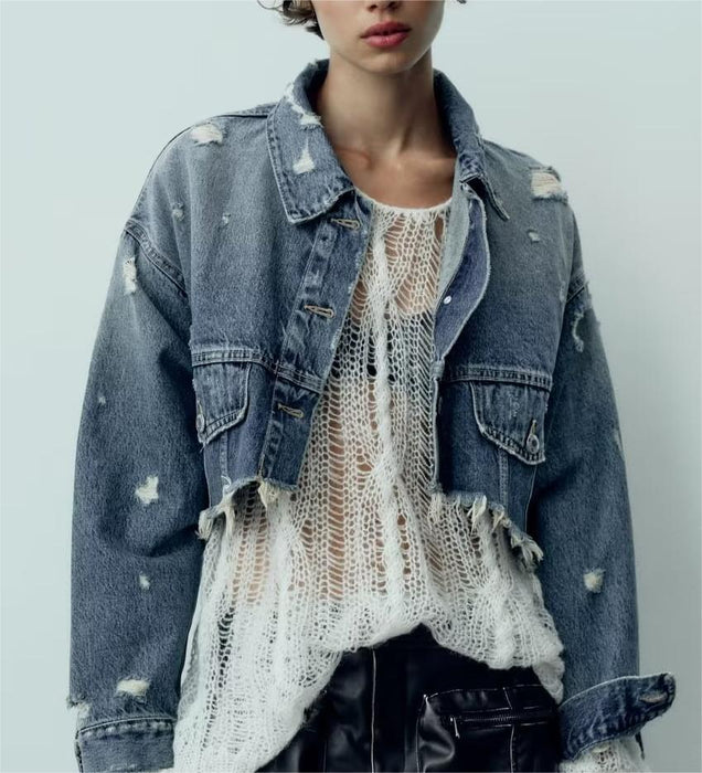 Women Clothing Casual Long Sleeve Short Denim Jacket Clip Set