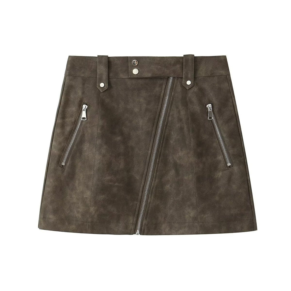 Autumn Faux Leather Zipper Ornament All Match Skirt