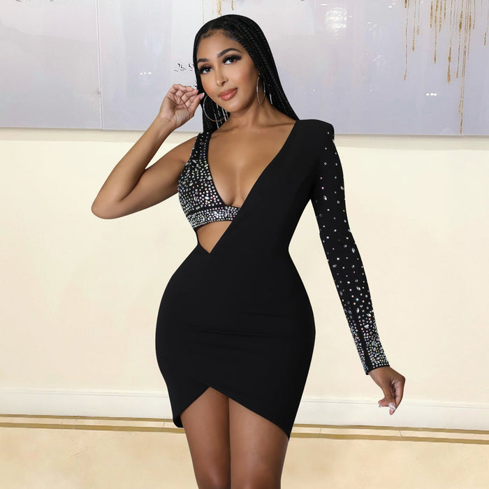 Summer Women Clothing Sexy Tight Rhinestone One Shoulder Dress Women