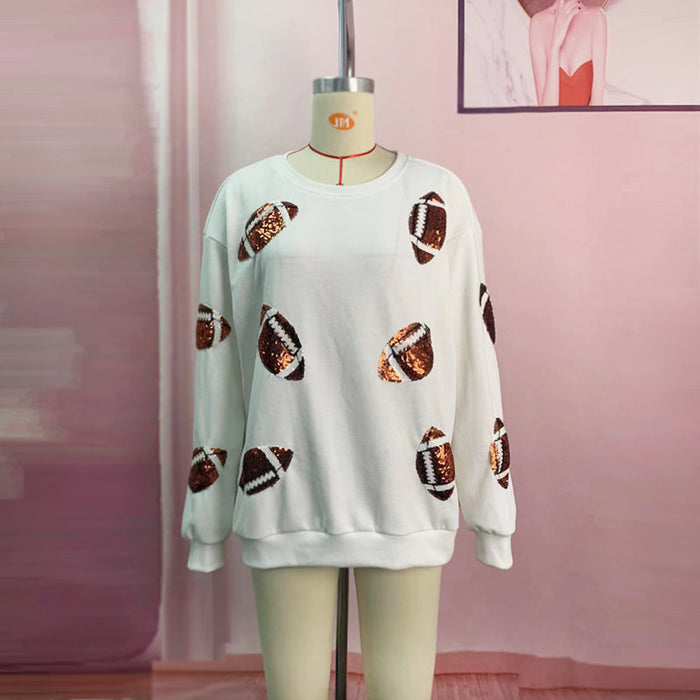 Rugby Sequined Pullover Sweater round Neck Loose Long Sleeves Jacket