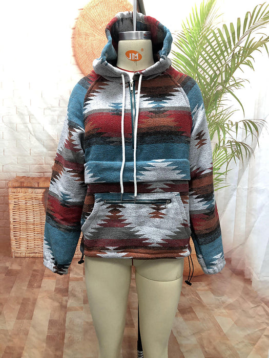 Western North America Aztec Woolen Baggy Coat Autumn Winter Ethnic Hooded Coat Women