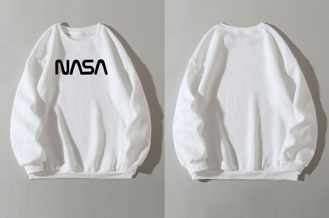 Fleece Lined Crew Neck Sweater Women NASA Letter Graphic Print Fresh Casual Pullover Round Neck Long Sleeves T Shirt