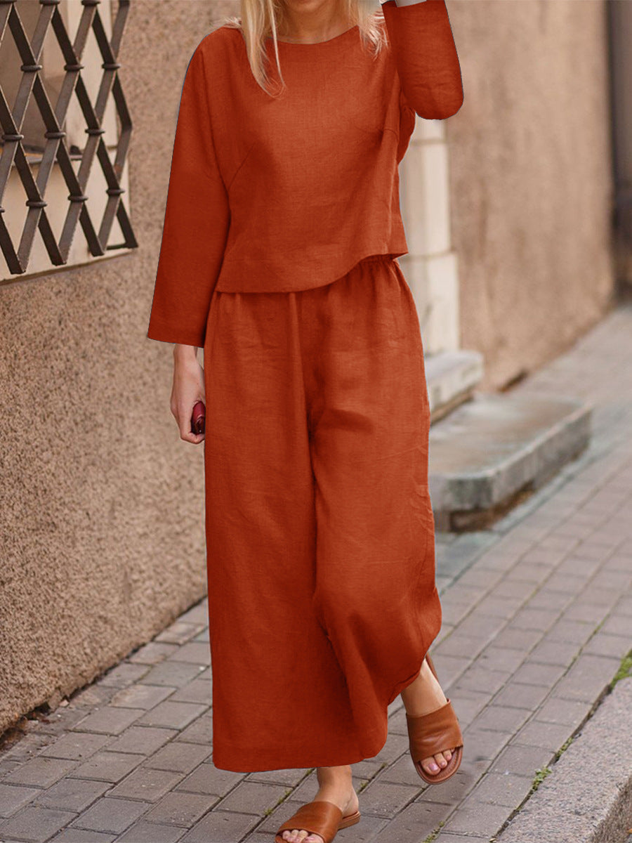 Casual Loose Solid Color Shirt Long Sleeve Trousers Two Piece Set