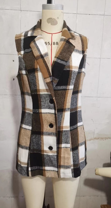 Spring Autumn Winter Women Top Polo Collar Single Breasted Vest Plaid Coat