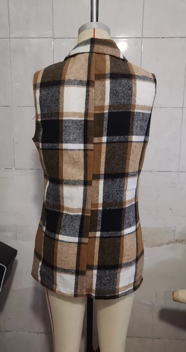 Spring Autumn Winter Women Top Polo Collar Single Breasted Vest Plaid Coat