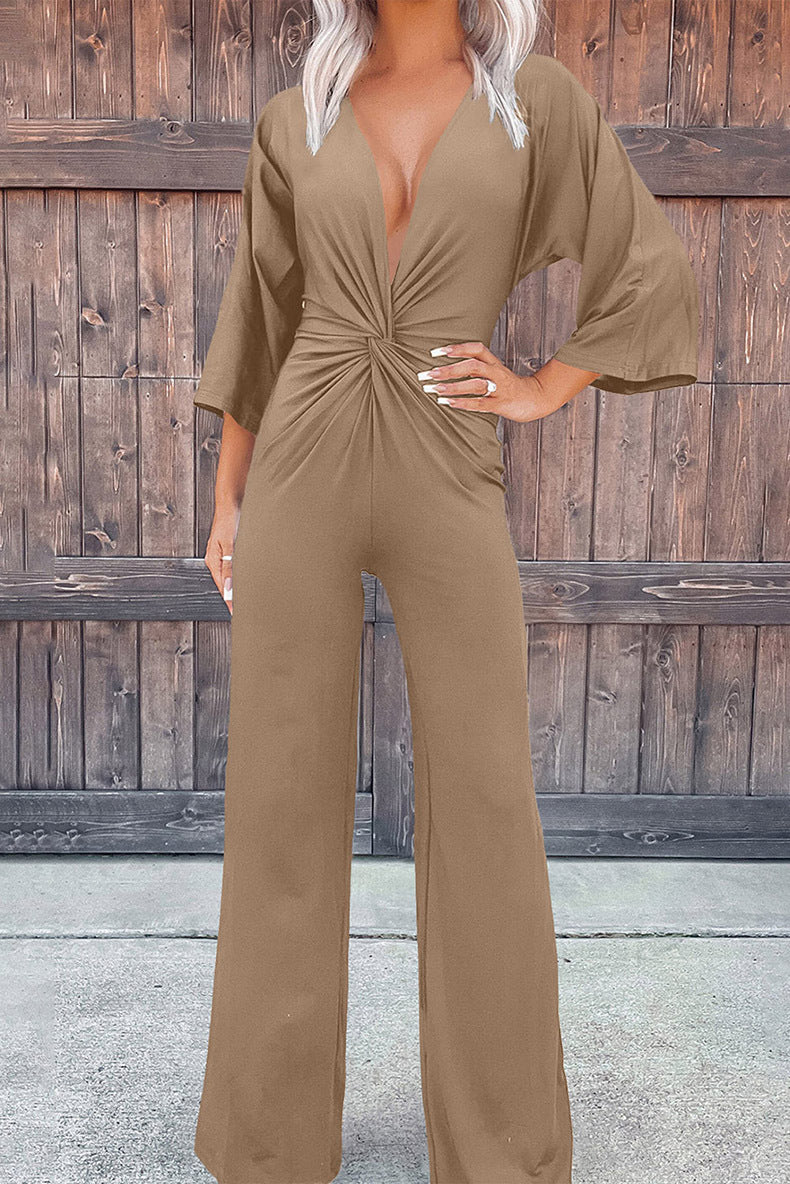 Sexy Deep V Plunge neck Pleated Wide Leg Pants Women Summer Solid Color Straight Jumpsuit Women Direct