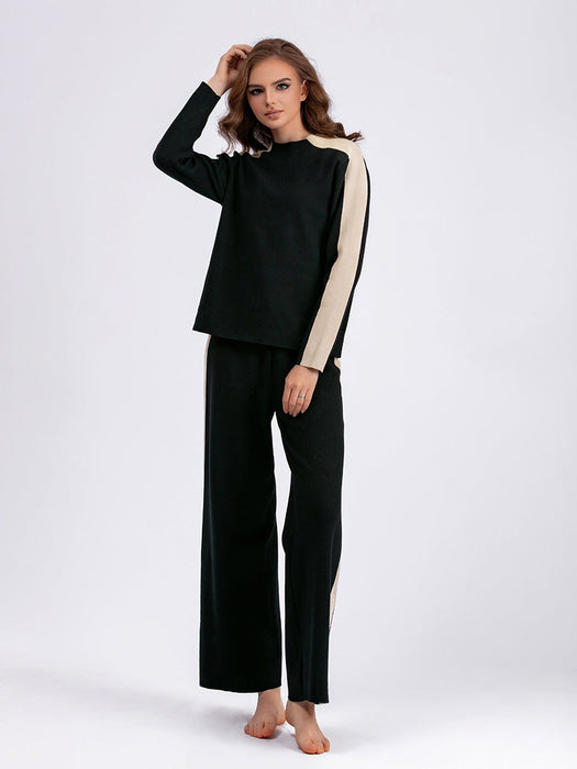 Neck Sweater Suit Autumn Winter Women Color Contrast Patchwork Cropped Pants Two Piece Suit