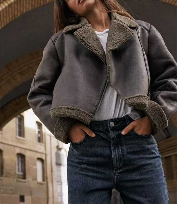 Autumn Winter Women Collared Long Sleeve Double Sided Fur One Piece Fleece Short Stitching Coat