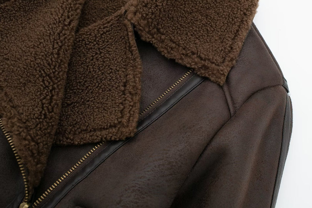 Autumn Winter Women Collared Long Sleeve Double Sided Fur One Piece Fleece Short Stitching Coat
