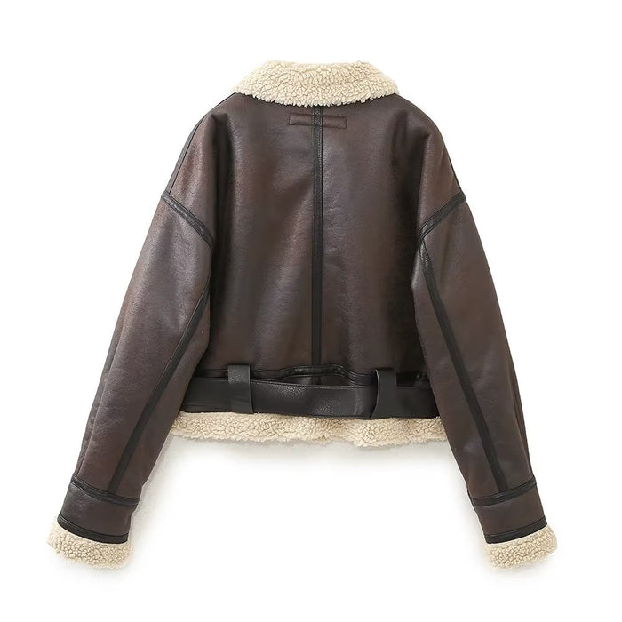 Autumn Winter Loose Thickening Keep Warm Faux Shearling Jacket Locomotive Double Sided Short Jacket