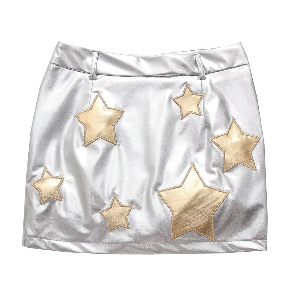 Metallic Coated Fabric Five Pointed Star Decorative Design Skirt Elegant Faux Leather High Waist Skirt Fresh Western A Line Skirt Women