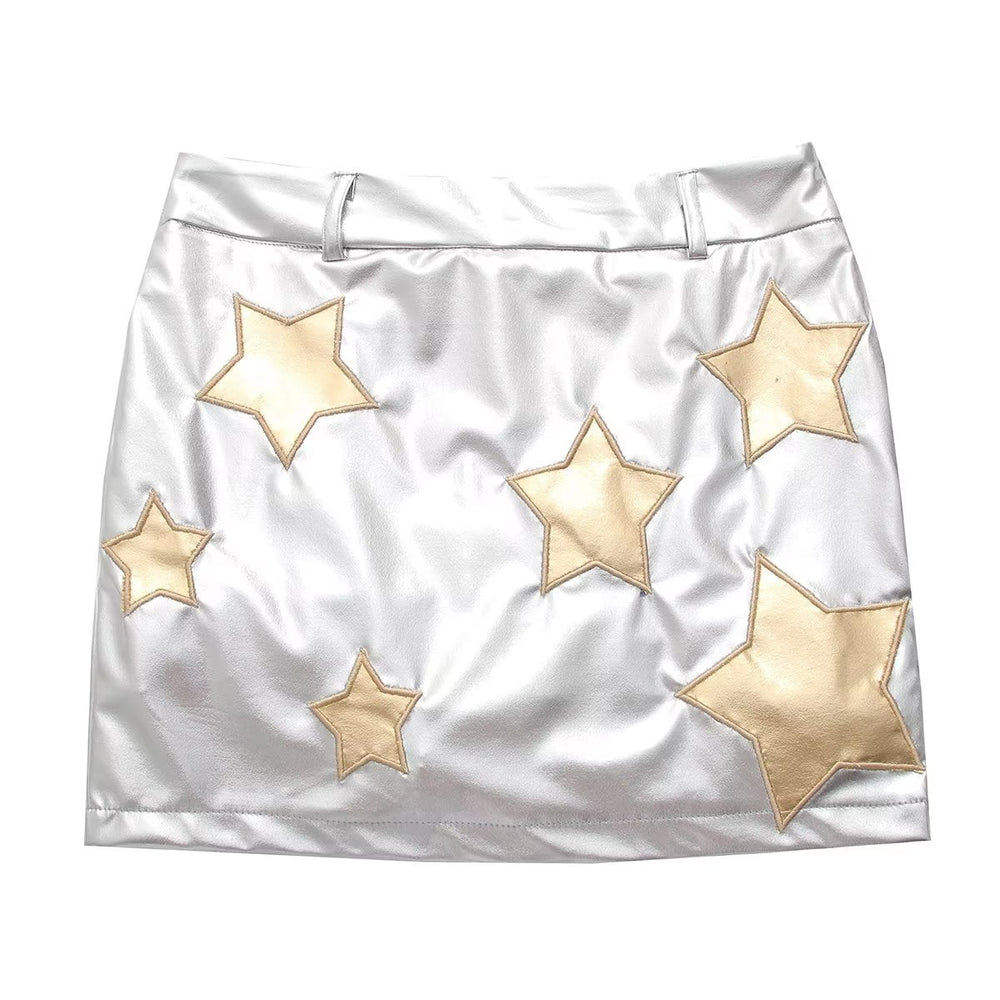 Metallic Coated Fabric Five Pointed Star Decorative Design Skirt Elegant Faux Leather High Waist Skirt Fresh Western A Line Skirt Women