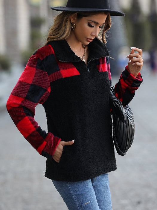 Autumn Plush Women Clothing Half Long Sleeve Zipper Stand Collar Stitching Double Sided Flannel Plaid Pullover Sweater