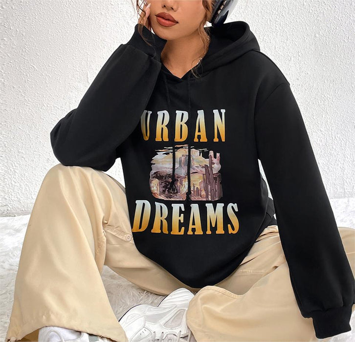 Women Clothing Retro Printed Pullover Loose Fitting Hoodie Long Sleeve Sweater