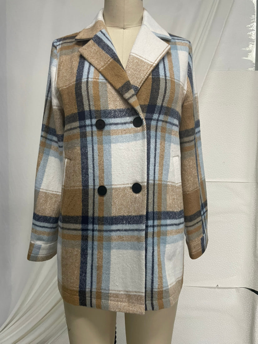 Ladies Autumn Winter Woolen Coat Brushed Plaid Collared Multi Button Double Pocket Mid Length Jacket