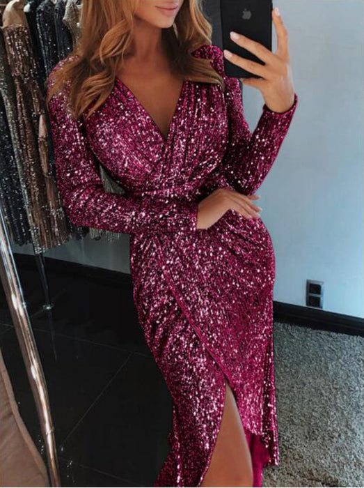 Women Gilding Long Sleeve V Neck Shiny Dress Dinner Sexy Dress