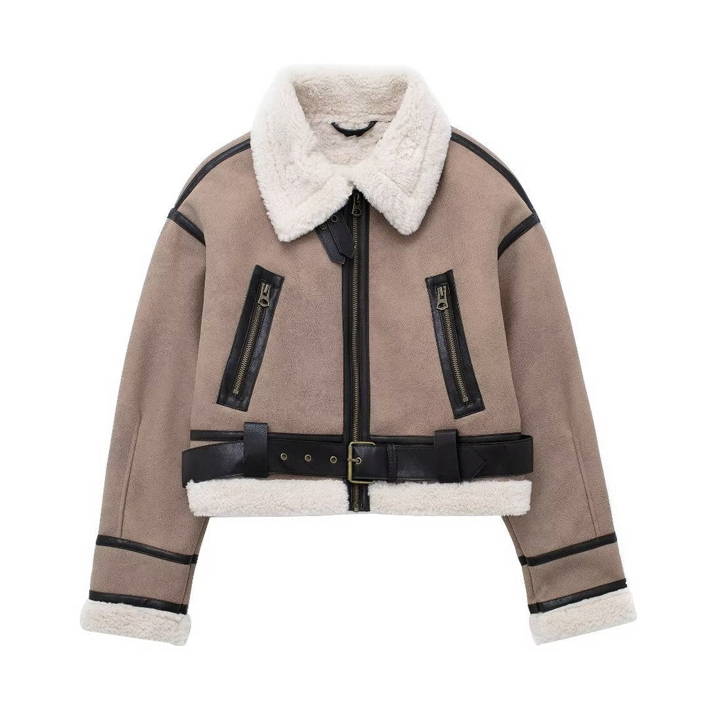 Women Clothing French High Quality Faux Shearling Jacket Double Sided Short Padded Jacket