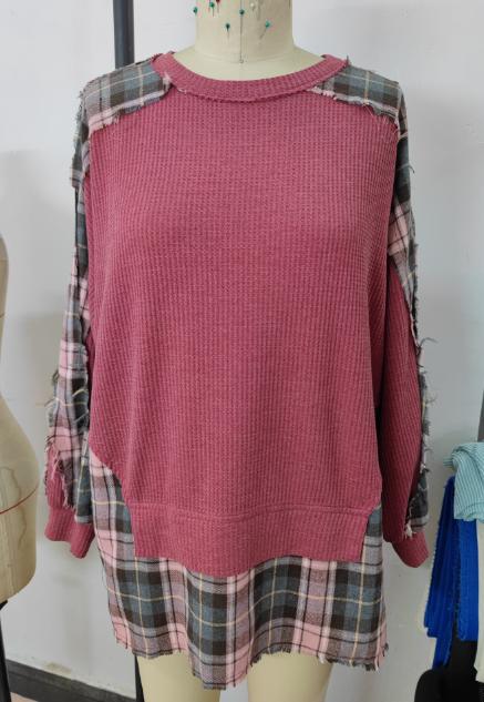 Ladies Autumn Top Cotton Waffle Plaid Stitching Washed Frayed Hem Design Loose Sweater