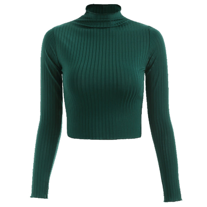 Autumn Winter Half-High Collar Solid Color Long-Sleeved Knitted T-  Slim-Fit Women Cropped Top Sweater